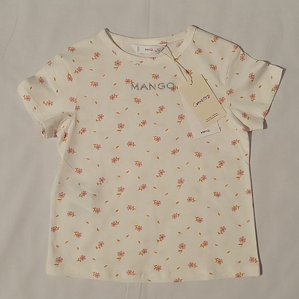 Mango Floral Short Sleeve Crew Neck T-shirt girl's sz 5-6 White Pink Cotton, New